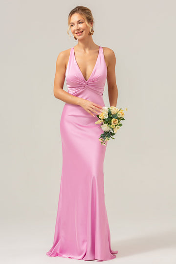Pink Sheath V Neck Ruched Satin Long Bridesmaid Dress with Lace Up Back